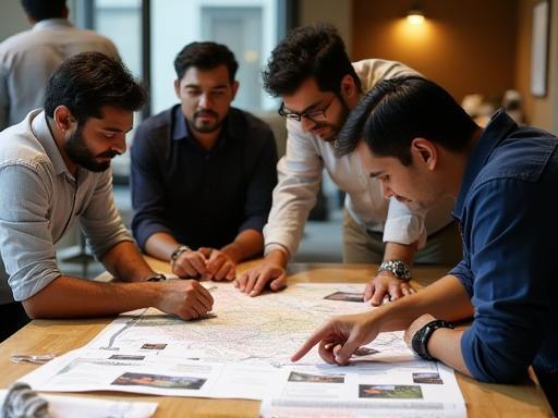 India Location Scouts team discussing a project with maps and photos