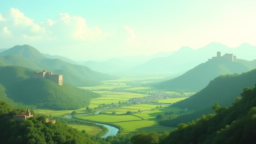 Panoramic view of a diverse Indian film location, showing a blend of nature and architecture