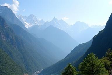 Scenic mountain range location in the Himalayas with lush greenery