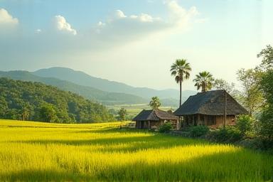 Serene rural village location in Punjab with fields and traditional homes
