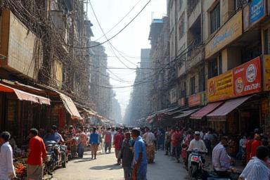 Bustling city street location in Mumbai with vibrant shops and people
