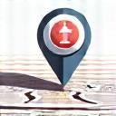 Icon representing location scouting with a magnifying glass over a map